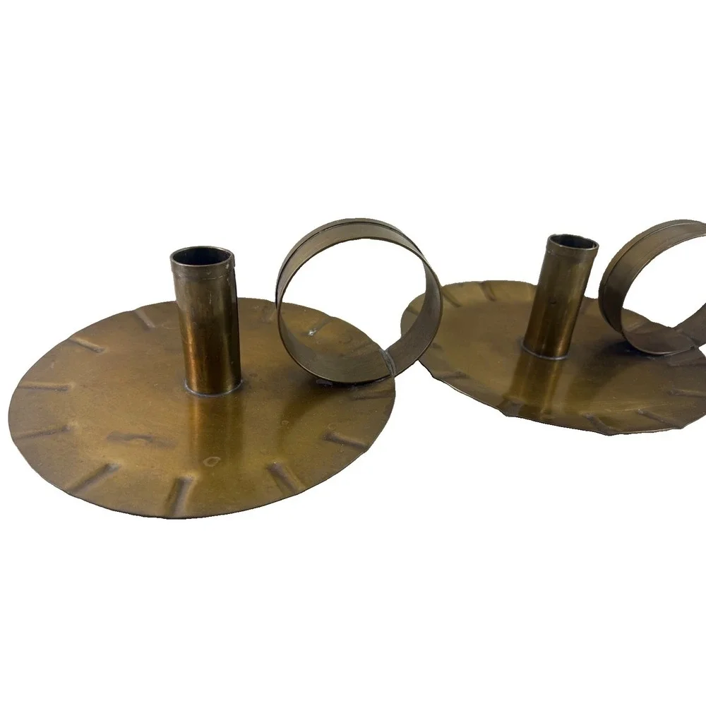 Pair Vintage Solid Brass Chamberstick Candle Holders Primitive Finger Loop Pan